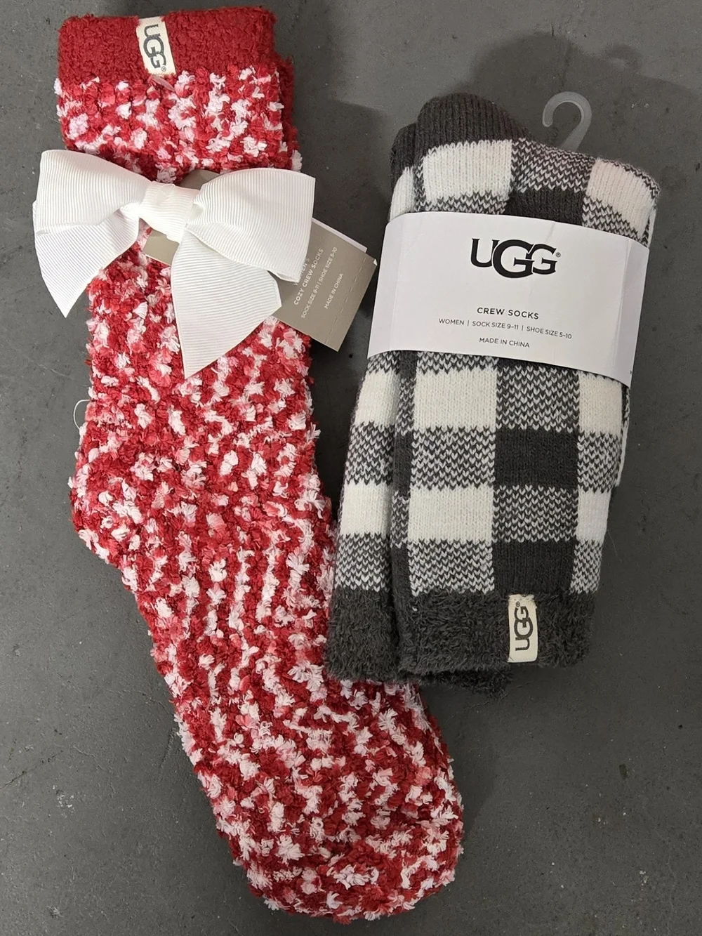 (2) Pair UGG Red & Black/White Plaid Cozy Crew Socks Duo